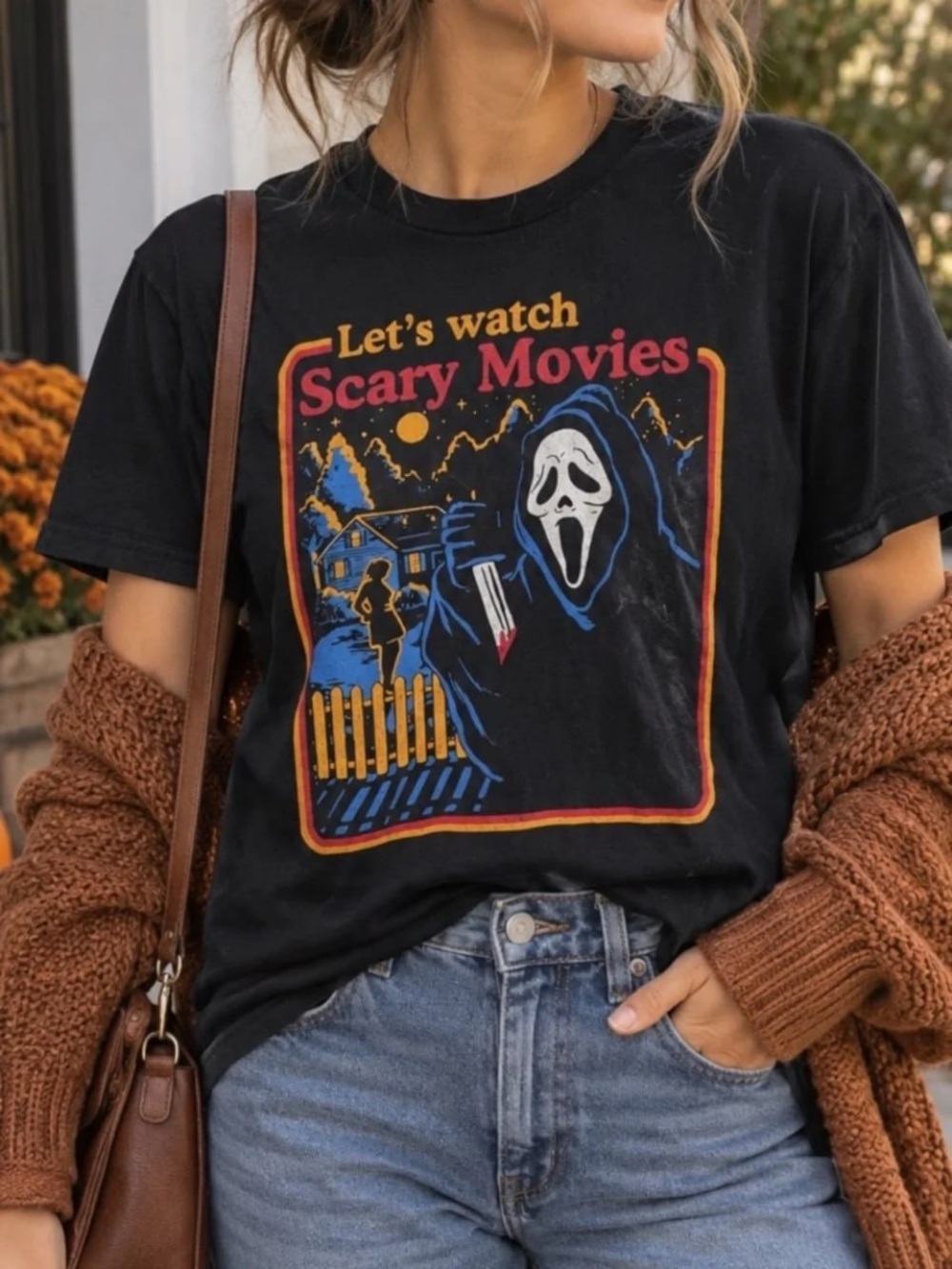 Gildan Black 'Let's Watch Scary Movies' Graphic Tee with Multicolor Horror Print